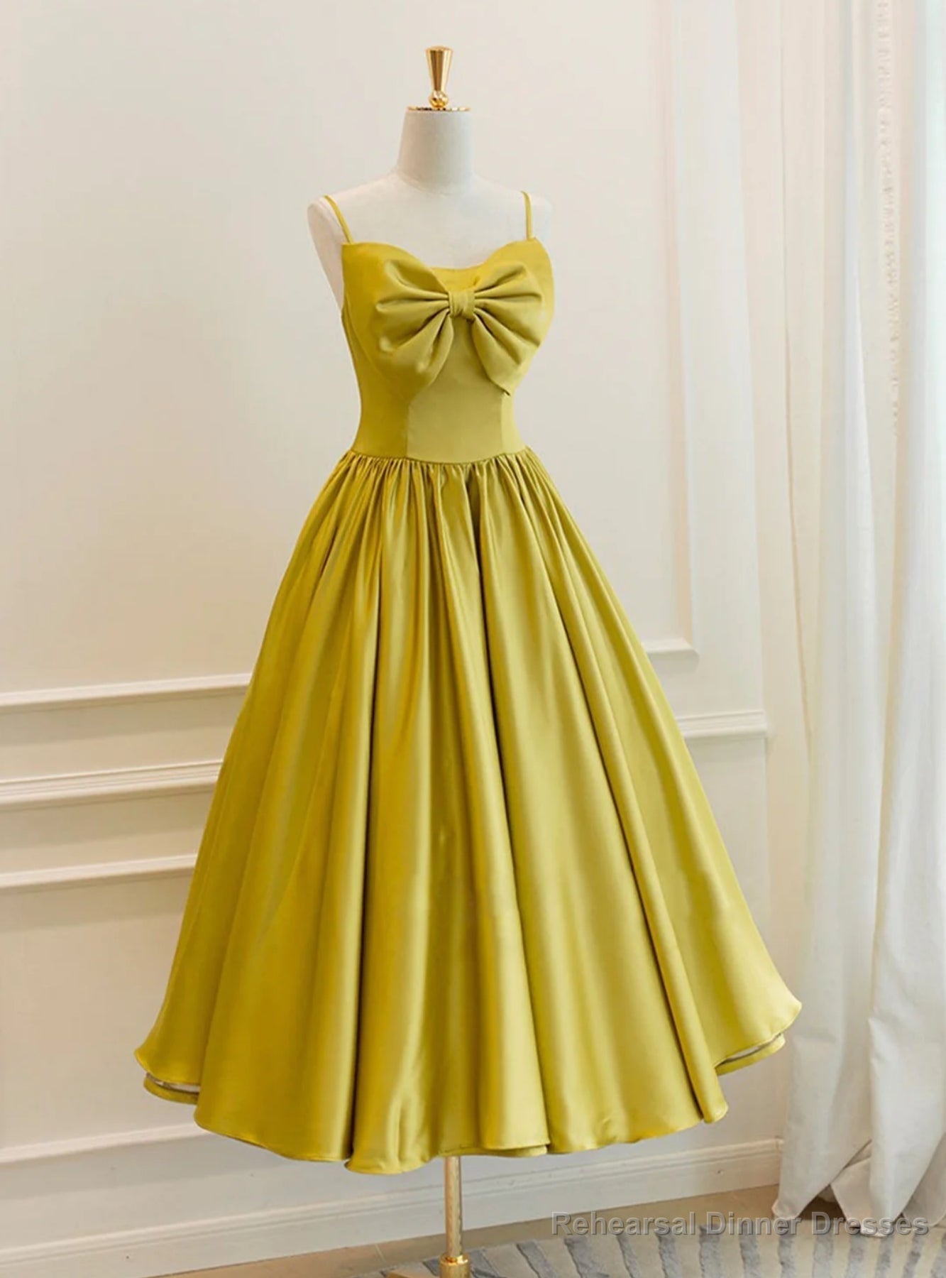 Yellow Satin Spaghetti Straps Bow Tea Length Prom Dress Main image