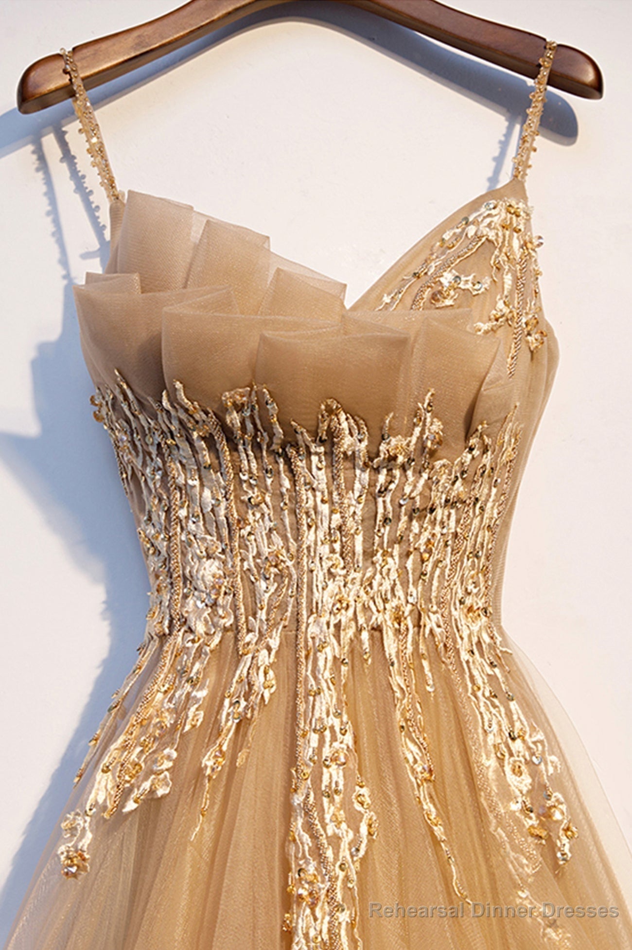 Yellow Spaghetti Straps Lace Long Prom Dress, A-Line Evening Party Dress Secondary image