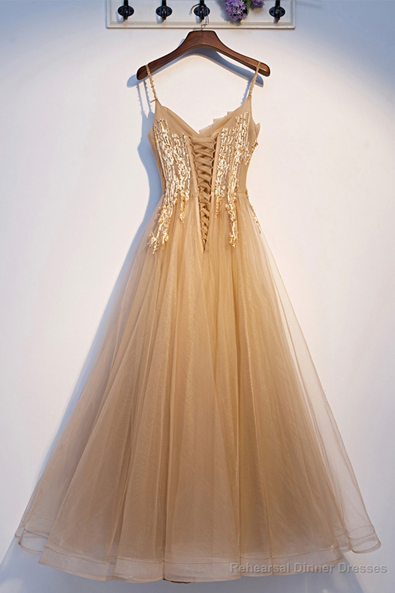 Yellow Spaghetti Straps Lace Long Prom Dress, A-Line Evening Party Dress Main image
