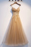 Yellow Spaghetti Straps Lace Long Prom Dress, A-Line Evening Party Dress