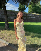 Yellow Spaghetti Straps Ruffle Long Classy Prom Dress With Ruffles