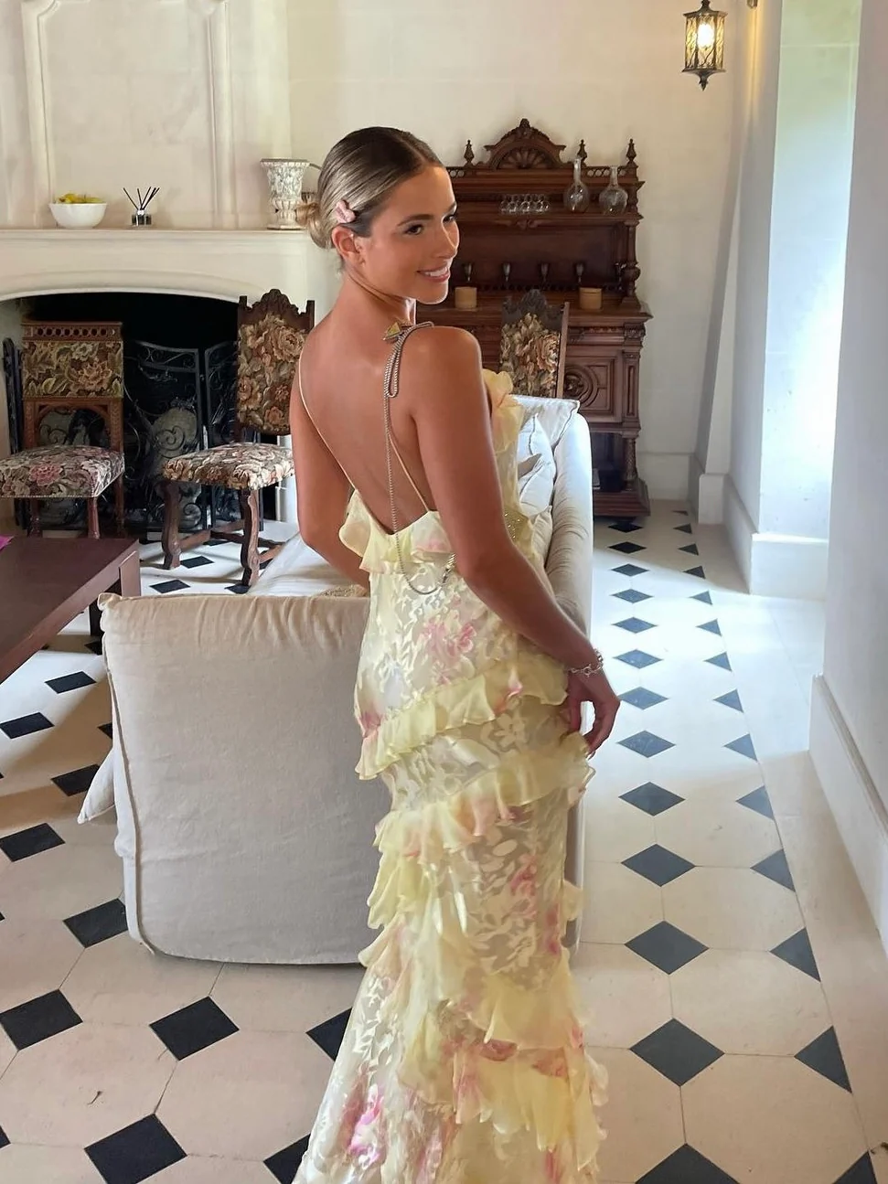Yellow Spaghetti Straps Ruffle Long Classy Prom Dress With Ruffles