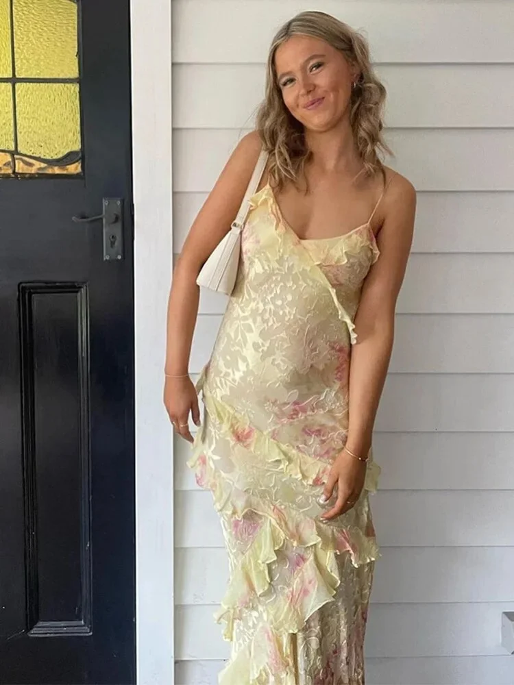 Yellow Spaghetti Straps Ruffle Long Classy Prom Dress With Ruffles