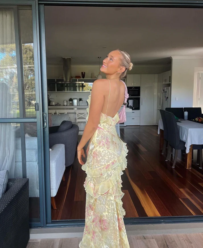 Yellow Spaghetti Straps Ruffle Long Classy Prom Dress With Ruffles