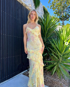 Yellow Spaghetti Straps Ruffle Long Classy Prom Dress With Ruffles