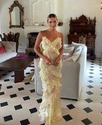 Yellow Spaghetti Straps Ruffle Long Classy Prom Dress With Ruffles