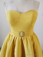 Yellow Sweetheart Neck Satin Tea Length Prom Dress, Yellow Formal Dress