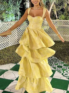 Yellow Sweetheart Sleeveless Ruffle Floor Length Classy Prom Dress Birthday Outfits