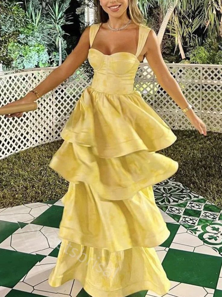 Yellow Sweetheart Sleeveless Ruffle Floor Length Classy Prom Dress Birthday Outfits