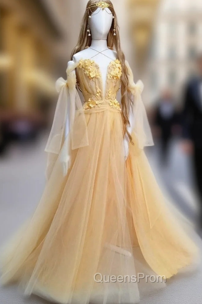 Yellow Sweetheart Tulle Lace Long Evening Prom Dress Yellow Evening Dress Main image