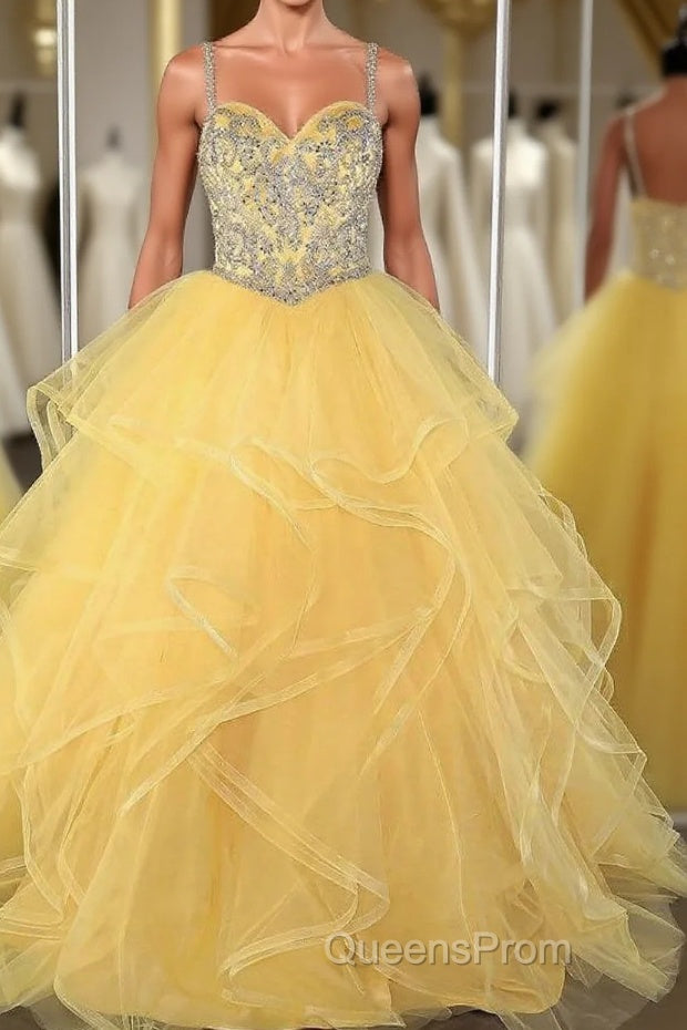 Yellow sweetheart tulle sequin long Evening Prom Dress, yellow evening Dress Main image