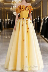 Yellow Tulle Applique Long Evening Prom Dress, Off The Shoulder Sleeveless Backless Long Formal Evening Dress
