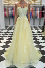 Yellow tulle lace long Evening Prom Dress yellow lace formal Dress