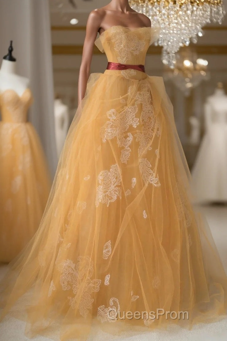 Yellow tulle lace long Evening Prom Dress, yellow tulle formal Dress Main image