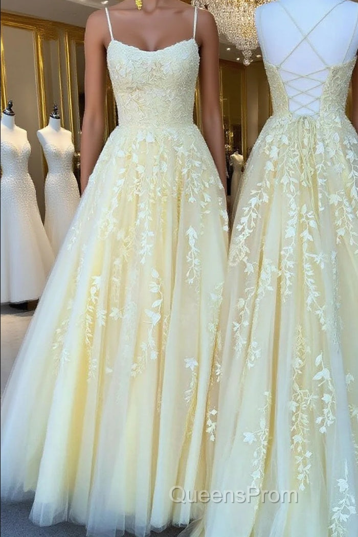Yellow tulle lace long Evening Prom Dress, yellow tulle lace formal Dress Main image