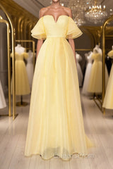 Yellow tulle off shoulder long Evening Prom Dress yellow formal Dress