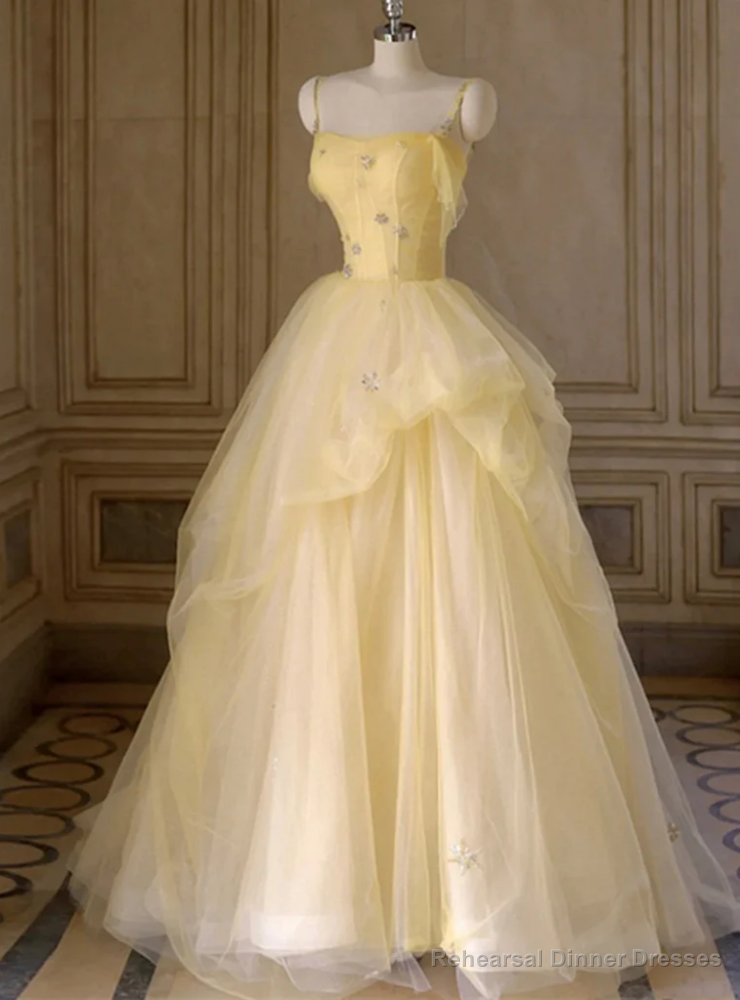 Yellow Tulle Spaghetti Straps Beading Prom Dress Main image