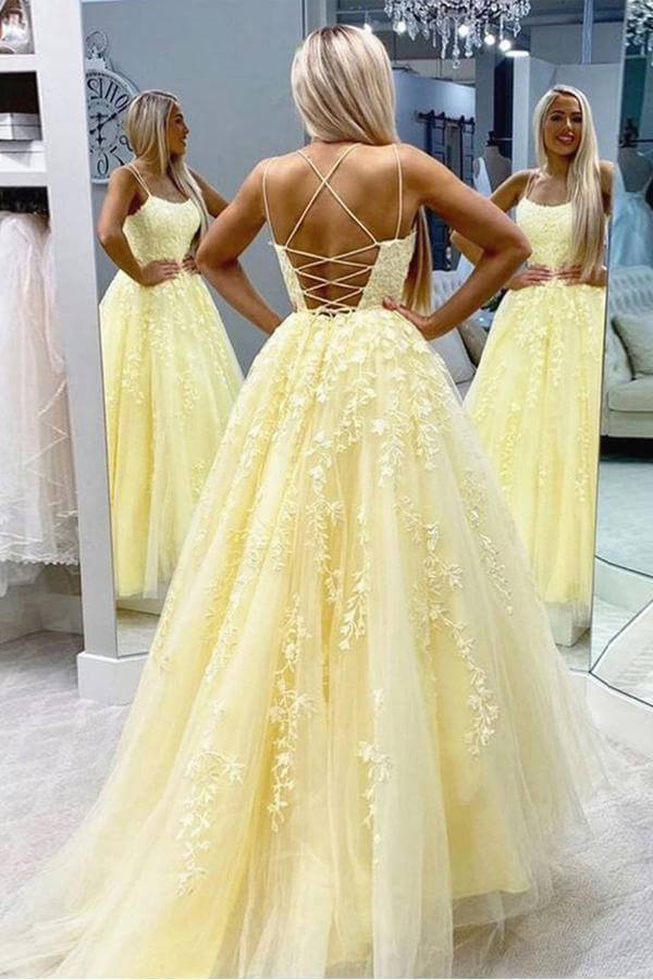 Yellow Tulle Spaghetti Straps Scoop A-Line Classy Prom Dress With Appliques Secondary image