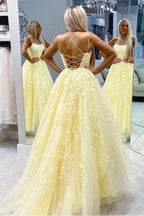 Yellow Tulle Spaghetti Straps Scoop A-Line Classy Prom Dress With Appliques