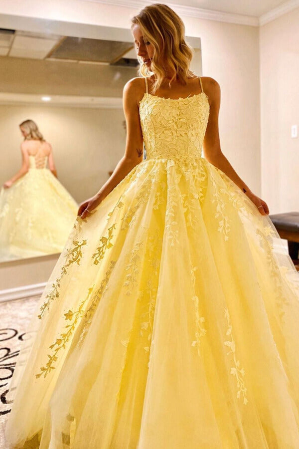 Yellow Tulle Spaghetti Straps Scoop A-Line Classy Prom Dress With Appliques