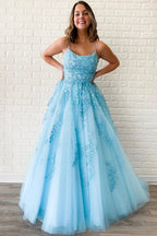 Yellow Tulle Spaghetti Straps Scoop A-Line Classy Prom Dress With Appliques