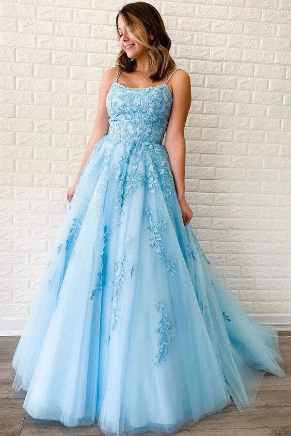 Yellow Tulle Spaghetti Straps Scoop A-Line Classy Prom Dress With Appliques