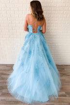 Yellow Tulle Spaghetti Straps Scoop A-Line Classy Prom Dress With Appliques