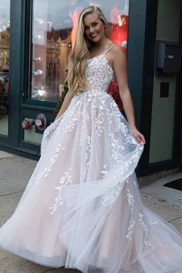 Yellow Tulle Spaghetti Straps Scoop A-Line Classy Prom Dress With Appliques