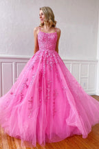 Yellow Tulle Spaghetti Straps Scoop A-Line Classy Prom Dress With Appliques