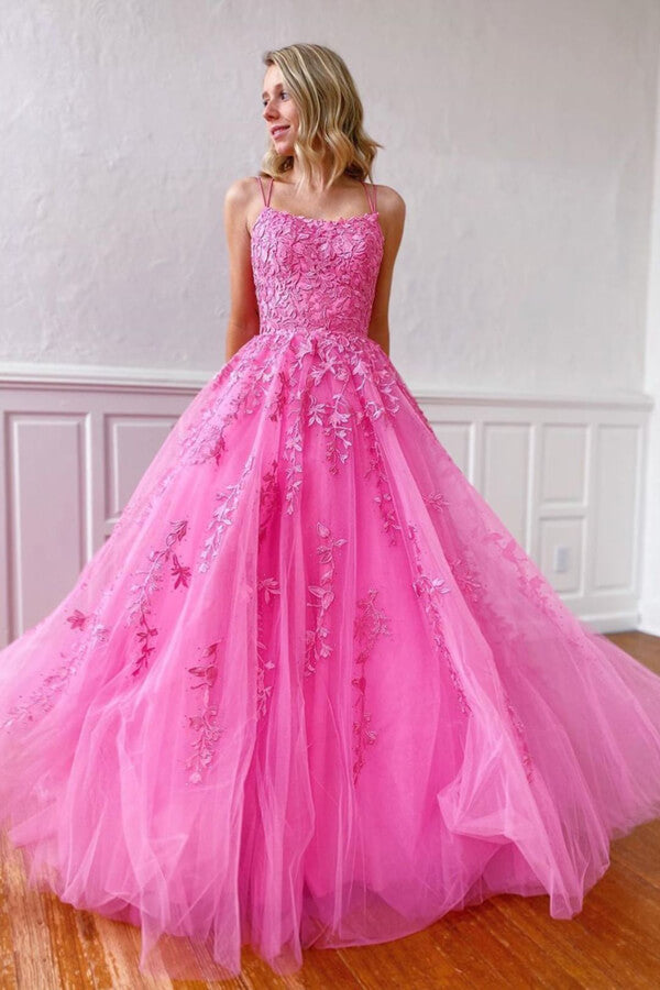 Yellow Tulle Spaghetti Straps Scoop A-Line Classy Prom Dress With Appliques