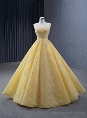 Yellow Tulle Strapless Sequins Beading Prom Dress