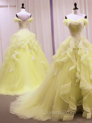 Yellow Tulle With Lace Sweetheart Long Evening Dress, Yellow Tulle Evening Prom Dress
