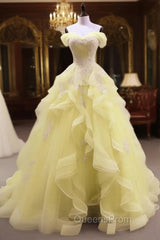 Yellow Tulle With Lace Sweetheart Long Evening Dress, Yellow Tulle Evening Prom Dress