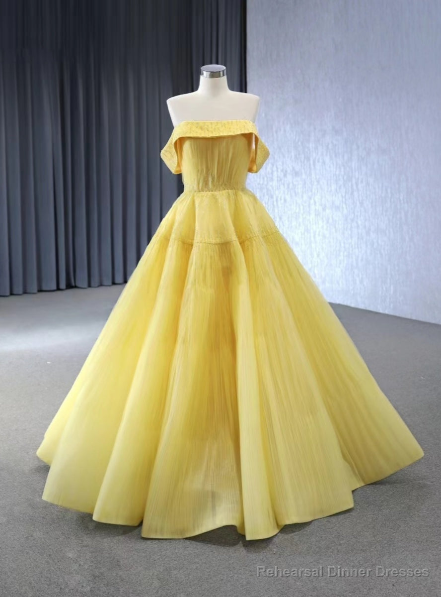 Yellow Tullle Strapless Pleats Beading Prom Dress Main image