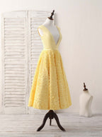 Yellow V Neck 3D Lace Tea Long Prom Dress, Yellow Evening Dress