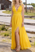 Yellow V Neck Chiffon Floor Length Bridesmaid Dresses Long Bridesmaid Dress With Pleated Split