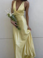 Yellow V-Neck Backless Fashion Elegant Long Satin Ball Gown Evening Dress Wedding Guest Party Dress