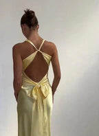 Yellow V-Neck Backless Fashion Elegant Long Satin Ball Gown Evening Dress Wedding Guest Party Dress