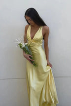 Yellow V-Neck Backless Fashion Elegant Long Satin Ball Gown Evening Dress Wedding Guest Party Dress