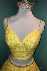 Yellow V-Neck Lace Long Prom Dress, Two Pieces Evening Graduation Dress