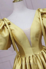 Yellow V-Neck Satin Long Evening Prom Dress, A-Line Puff Sleeves Evening Party Dress
