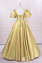 Yellow V-Neck Satin Long Evening Prom Dress, A-Line Puff Sleeves Evening Party Dress