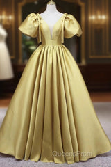 Yellow V-Neck Satin Long Evening Prom Dress, A-Line Puff Sleeves Evening Party Dress