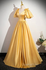 Yellow V-Neck Satin Long Evening Prom Dress, Yellow A-Line Short Sleeve Evening Dress