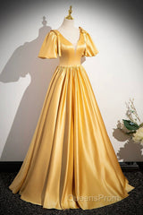 Yellow V-Neck Satin Long Evening Prom Dress, Yellow A-Line Short Sleeve Evening Dress
