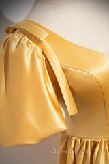 Yellow V-Neck Satin Long Evening Prom Dress, Yellow A-Line Short Sleeve Evening Dress