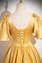 Yellow V-Neck Satin Long Evening Prom Dress, Yellow A-Line Short Sleeve Evening Dress