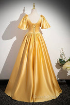 Yellow V-Neck Satin Long Evening Prom Dress, Yellow A-Line Short Sleeve Evening Dress