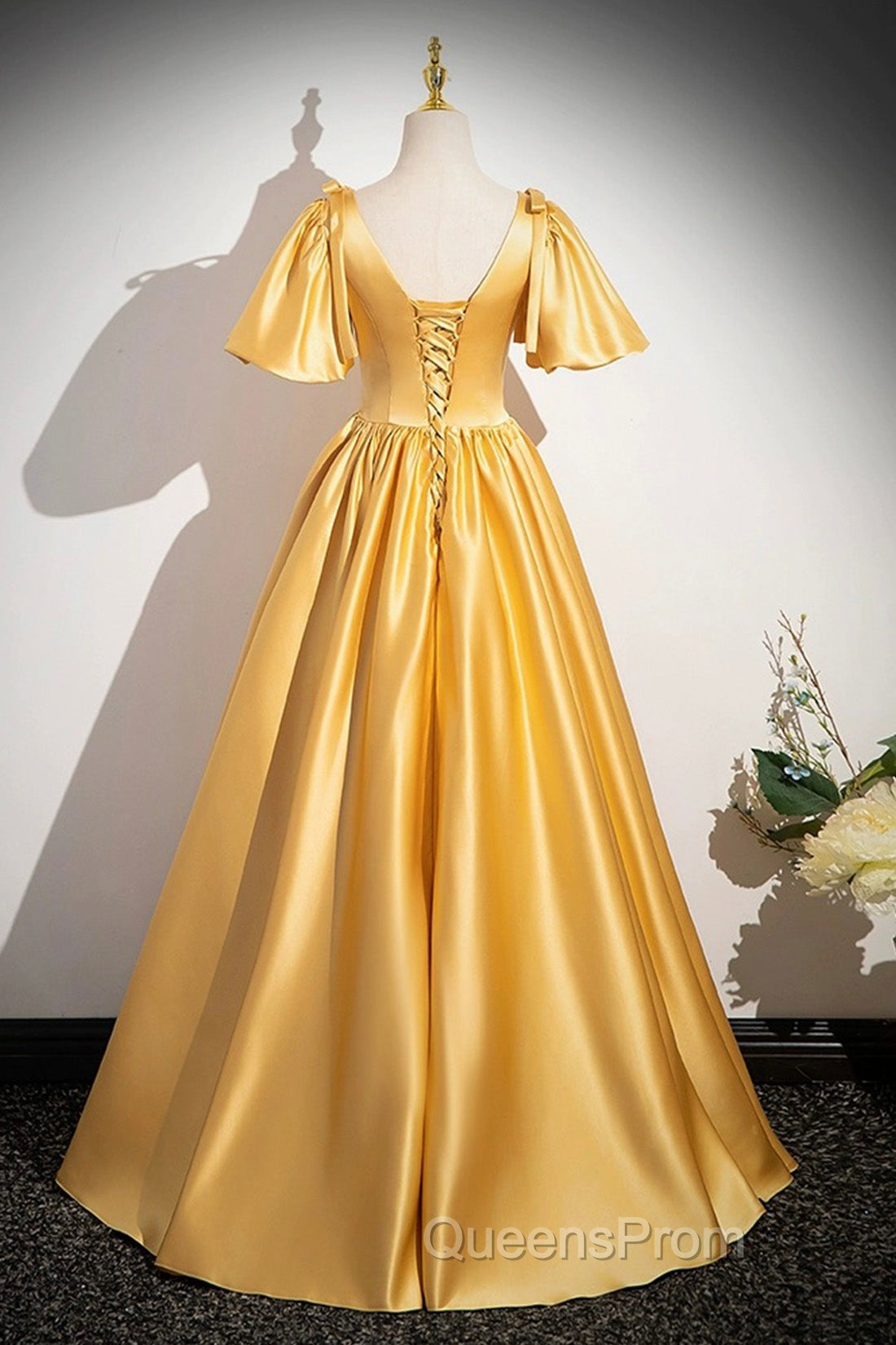 Yellow V-Neck Satin Long Evening Prom Dress, Yellow A-Line Short Sleeve Evening Dress