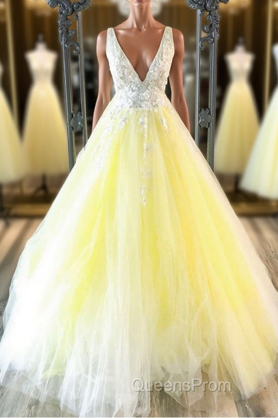 Yellow v neck tulle lace long Evening Prom Dress yellow formal Dress Main image